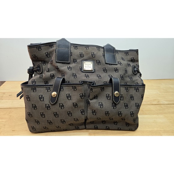 Dooney & Bourke Handbags - Vintage Dooney & Bourke Signature Monogram Canvas Tote Bag Black/Grey, Medium